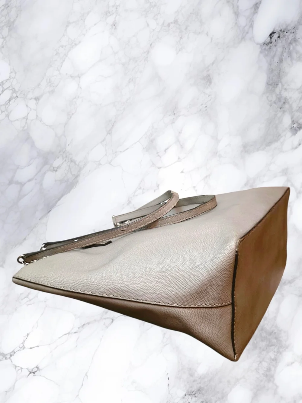Michael Kors Large Saffiano Leather Beige Taupe Chain Tote Gold Accents